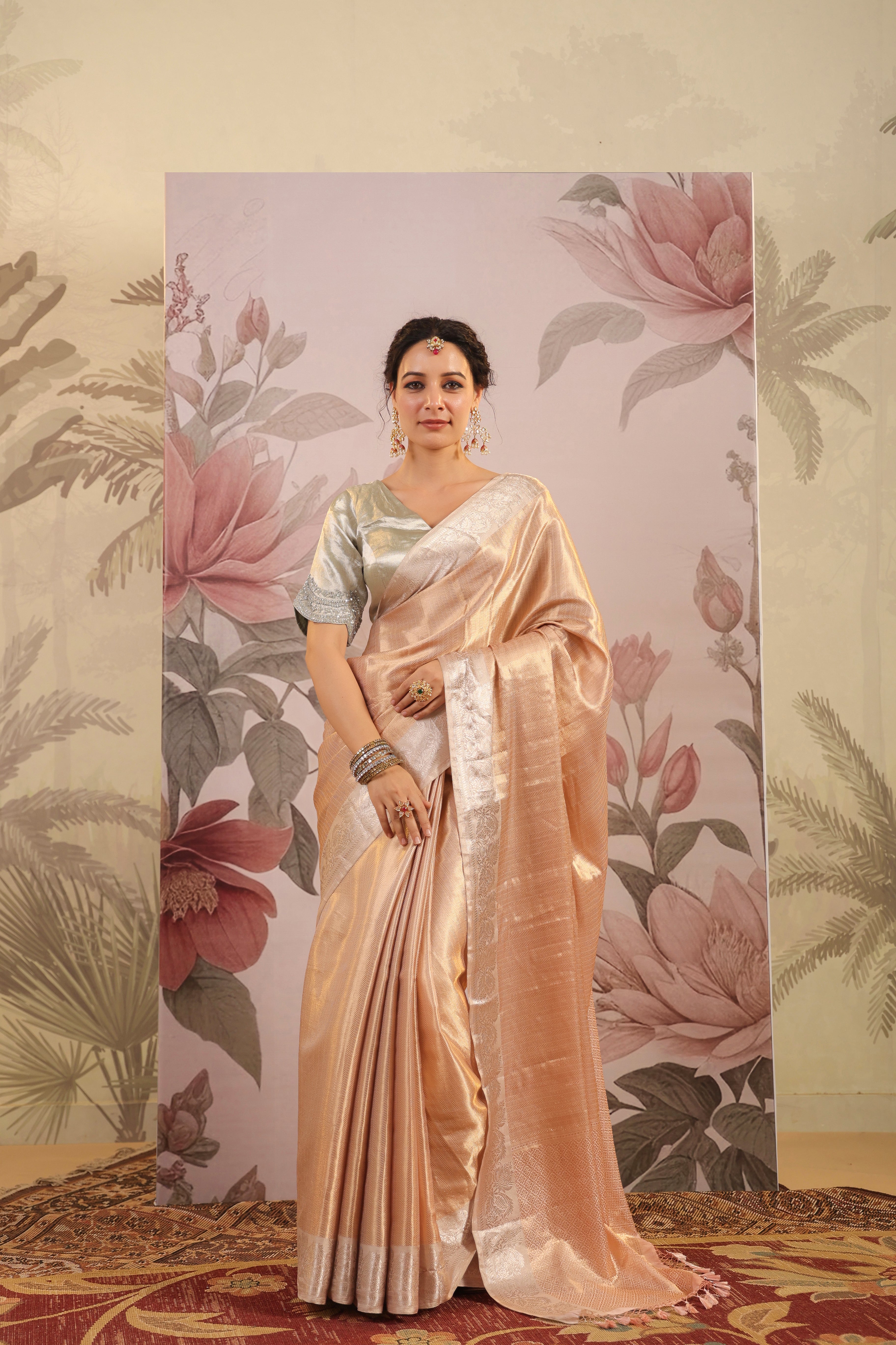 Shop Peach Banarasi Silk Printed Saree Party Wear Online at Best Price |  Cbazaar